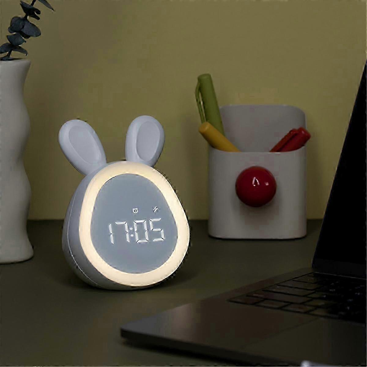 Children Cute Alarm Clock with Night Light Stepless Dimming LED Digital Alarm Clock for and White