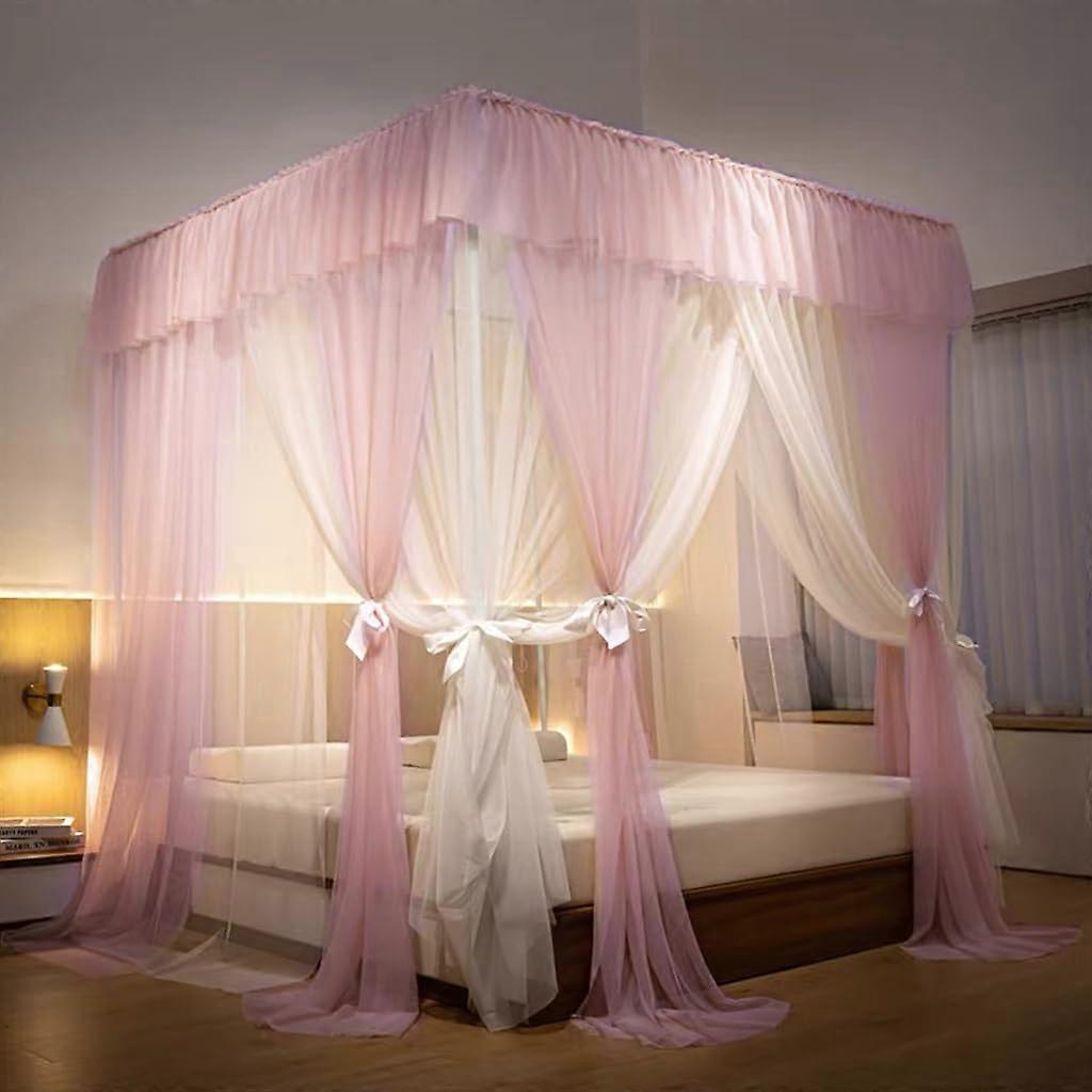 Mosquito net with 4 corners, doublelayered, canopy curtain with ruffles, 3 openings, for girls and adults, bedroom decoration (pink, full solid).