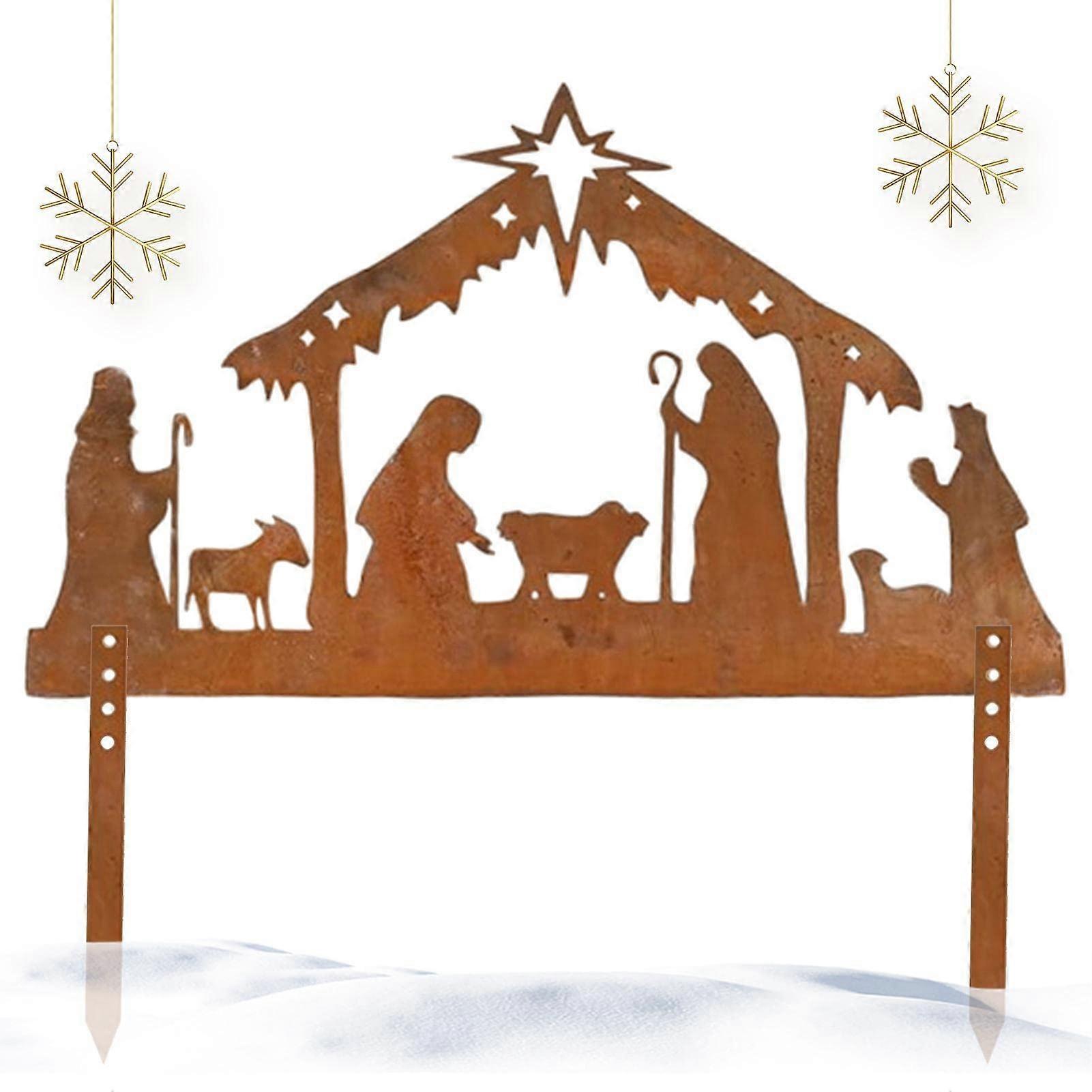 Krippenpflock - Metal Nativity Figures with Waterproof Design, Brown Christmas Garden Decoration, Jesus Figurines for Shelves
