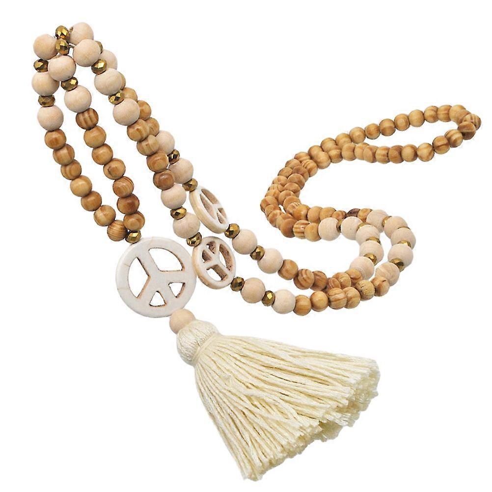 Barış İşareti Kolye Hippi Püskül Kolye Ahşap Boncuk El Yapımı Kadın Yıldönümü 96x11 cm 1 Adet