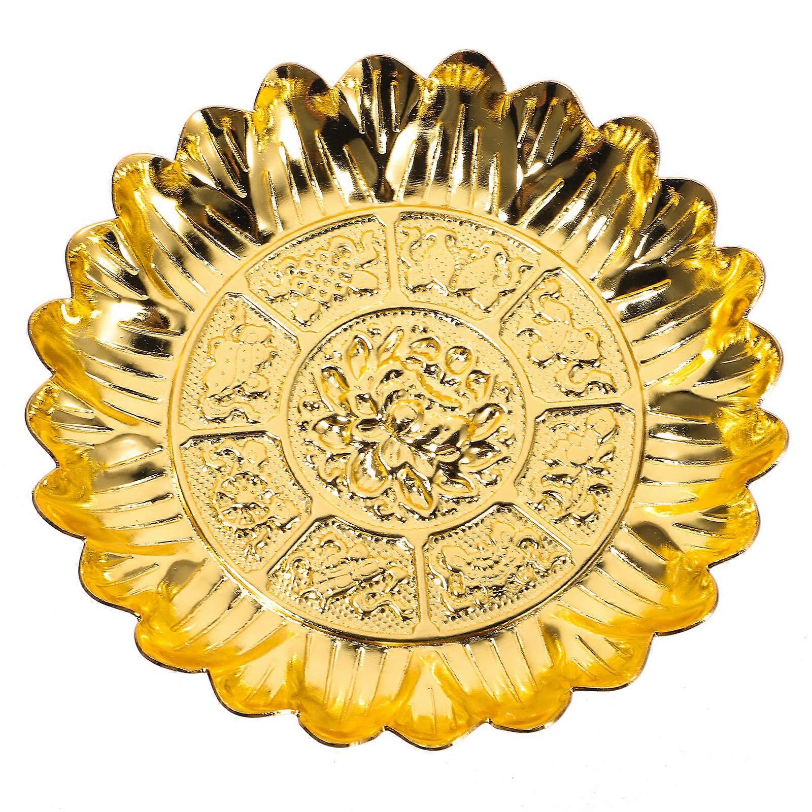 Golden Aluminum Alloy Offering Plate for Temple Use with Classic Pattern Design and Smooth Surface 6.5 Inches