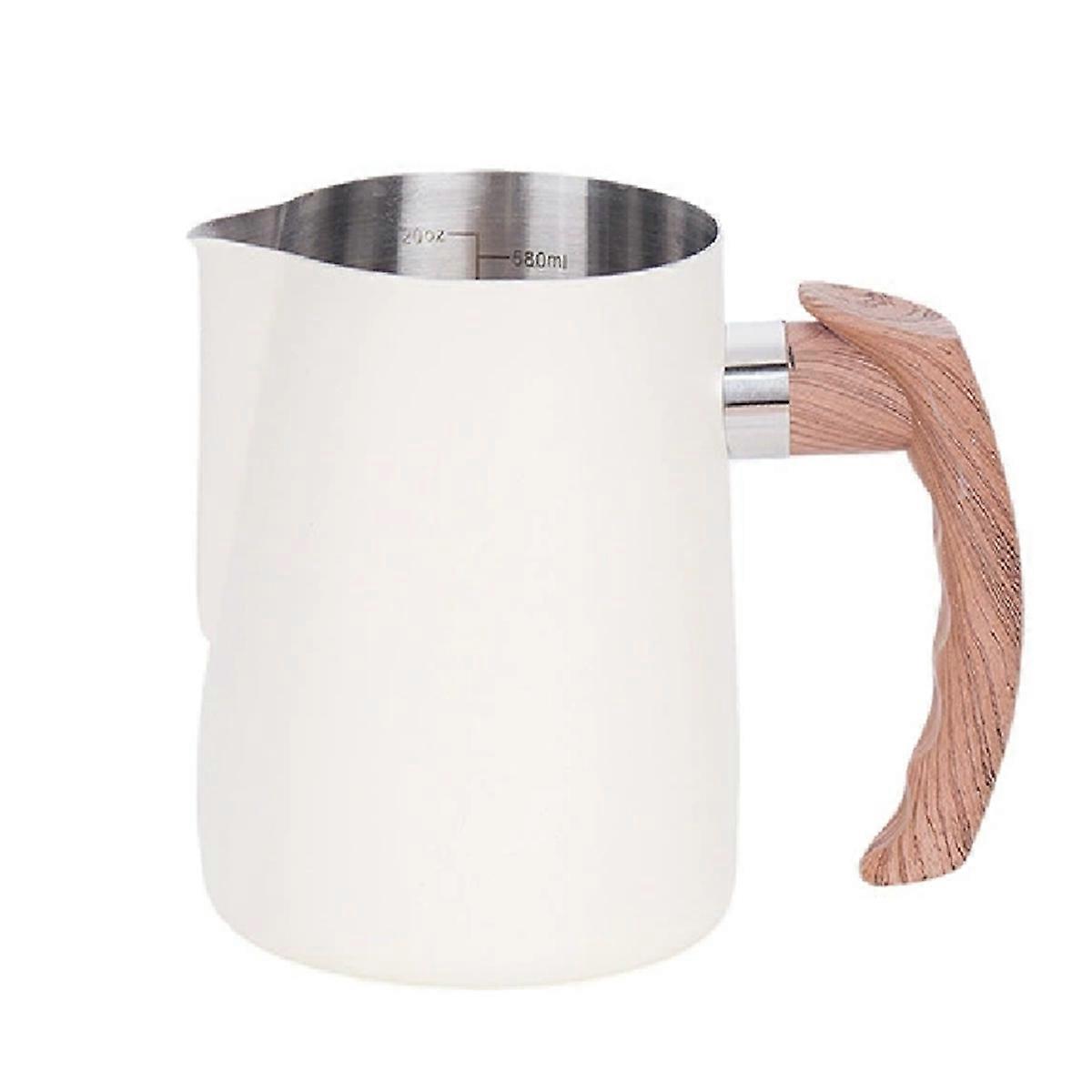 600ml Espresso Milk Frothing Pitcher Wooden Grain Handle Milk Jug Espresso Cup Cappuccino Pitcher Creamer Cup White