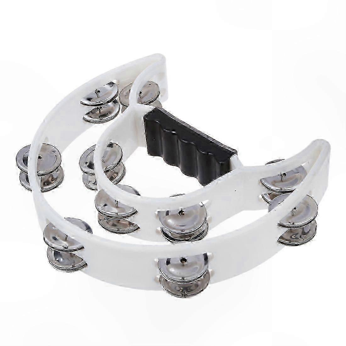 White Half Moon Tambourine with Double Row Jingles for Musical Percussion
