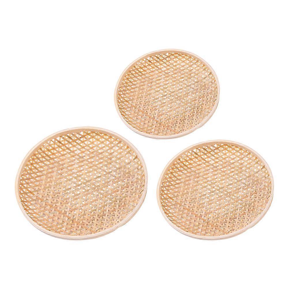 Bamboo Basket Serving Basket For Parties Light Yellow Round Pastoral Style 3Pcs