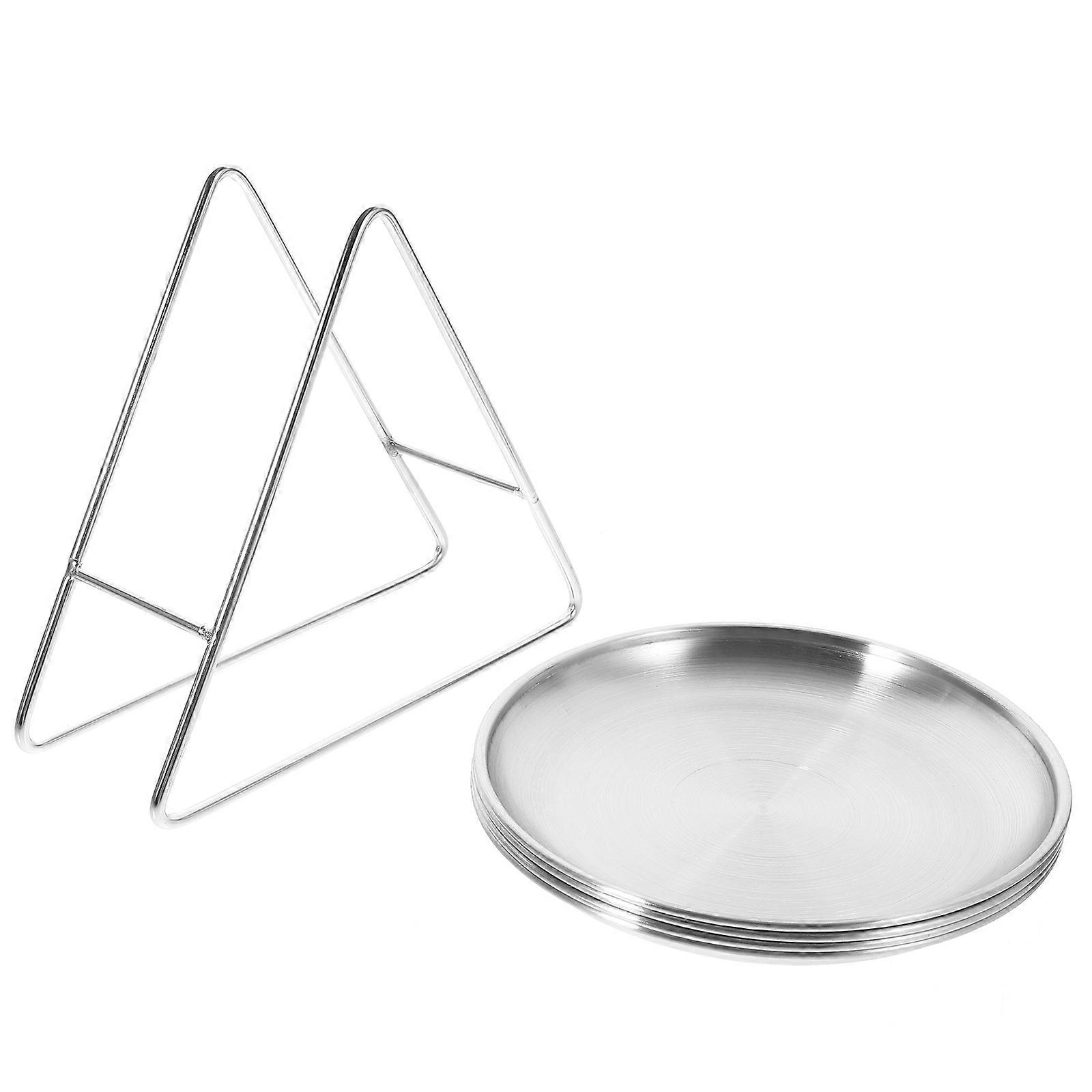 1 Set Stainless Steel Plates with Rack Round Serving Plate Pizza Tray Appetizer Storage Plate Salad Serving Tray