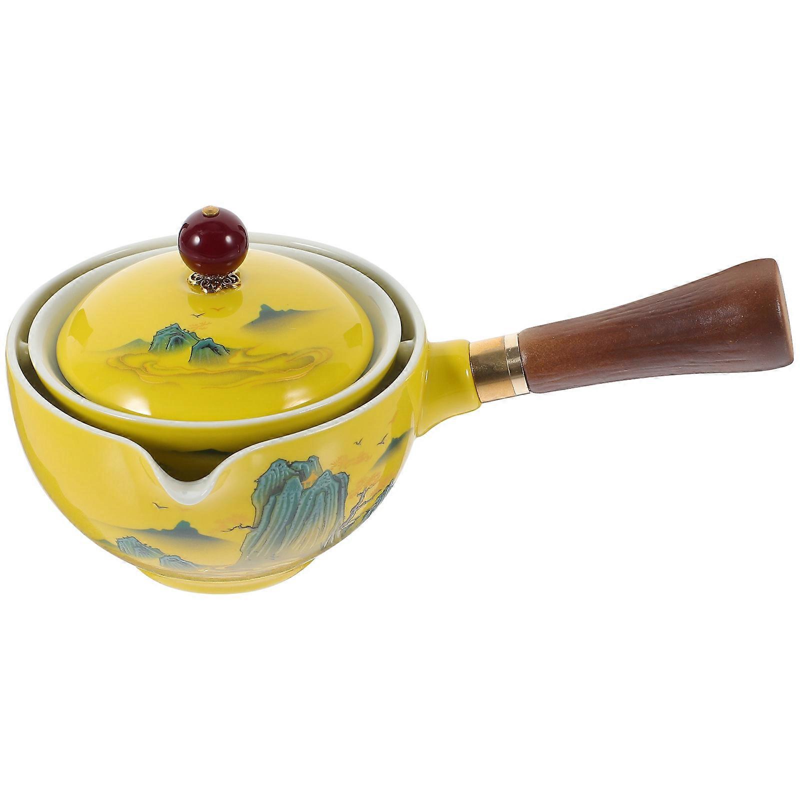 Cylindrical Travel Teapot With Wooden Handle Designed For Home Use And Office Use In Yellow Capacity 160ml 1Pcs