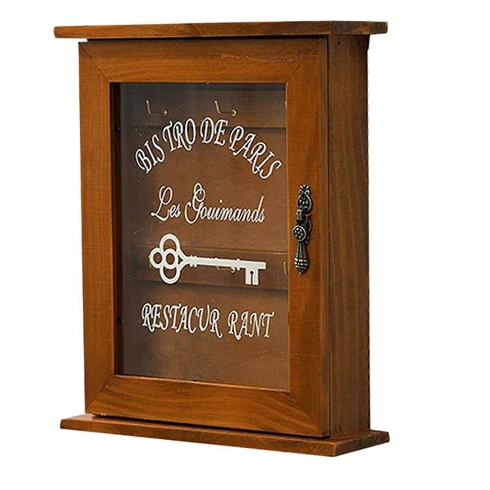 Wooden Key Cabinets, Dark Brown Wall Mounted Key Holder with Magnetic Door, Solid Wood Storage and 6 Hooks for Replacement Keys