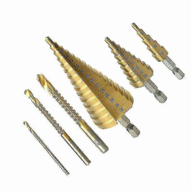 6pcs Titanium-Plated High-Speed Drill Bit Set, Reaming Pagoda Sawtooth Bits