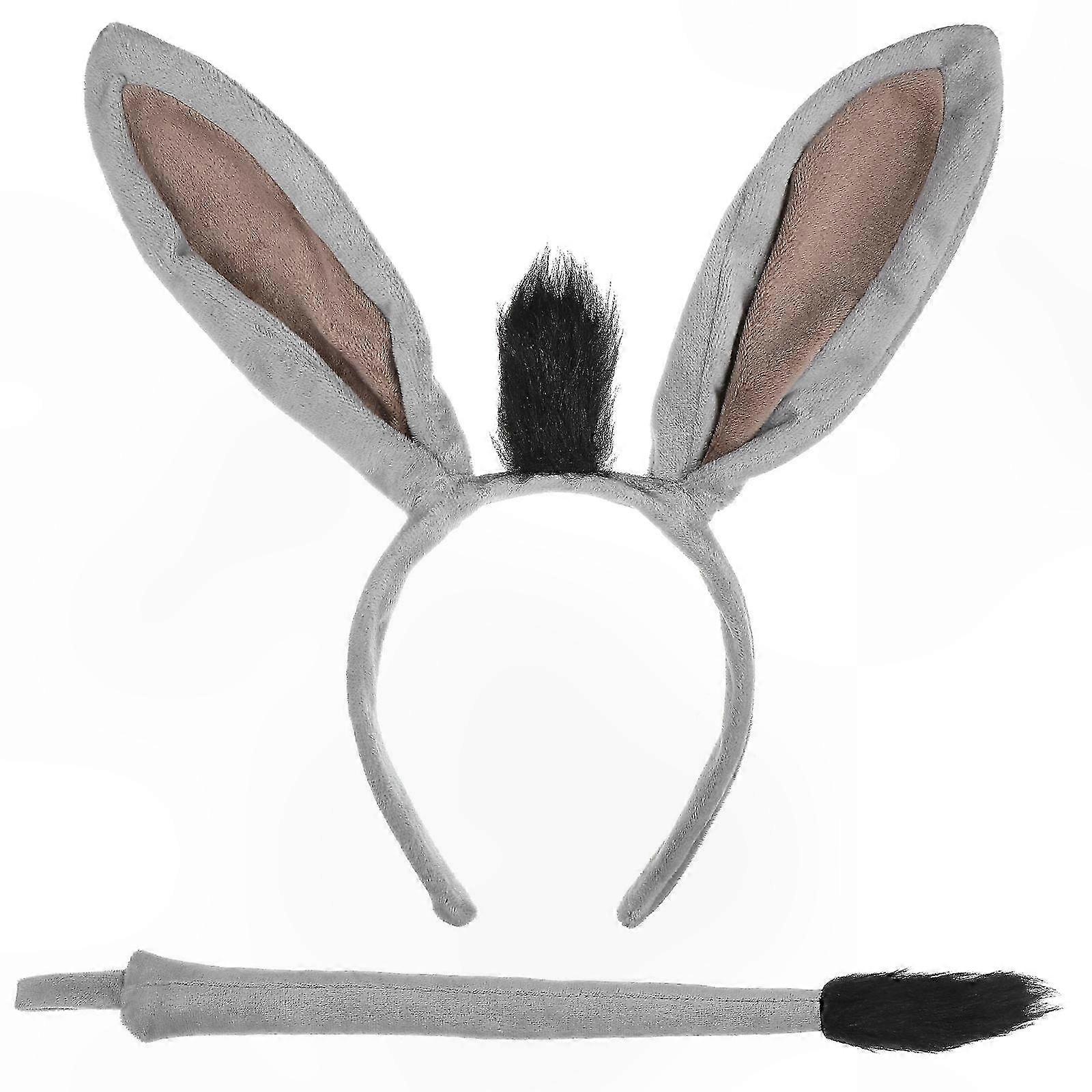 Plush Donkey Ears Headband with Tail for Halloween, Cosplay Accessory, Grey, 1 Set