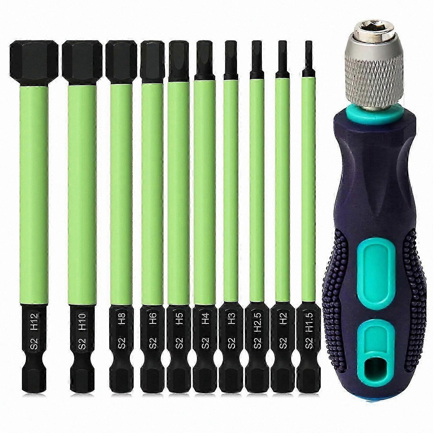 Hex Head Allen Wrench Bit Set - 10 Pcs, H1.5-H12, 1/4" Hex Shank, S2 Steel, Mini Handle Screwdriver Included