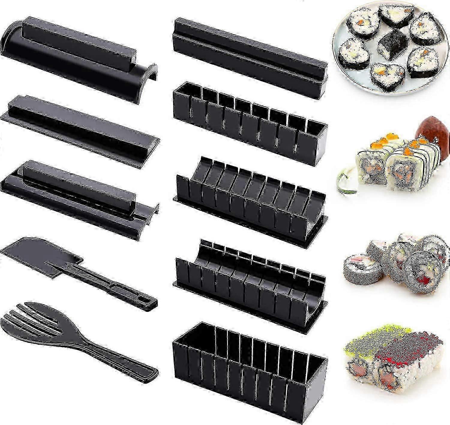 Beginner Sushi Making Kit, 10-Piece Plastic Sushi Maker Set, Includes 8 Molds, Fork, Spatula, DIY Home Sushi Tool