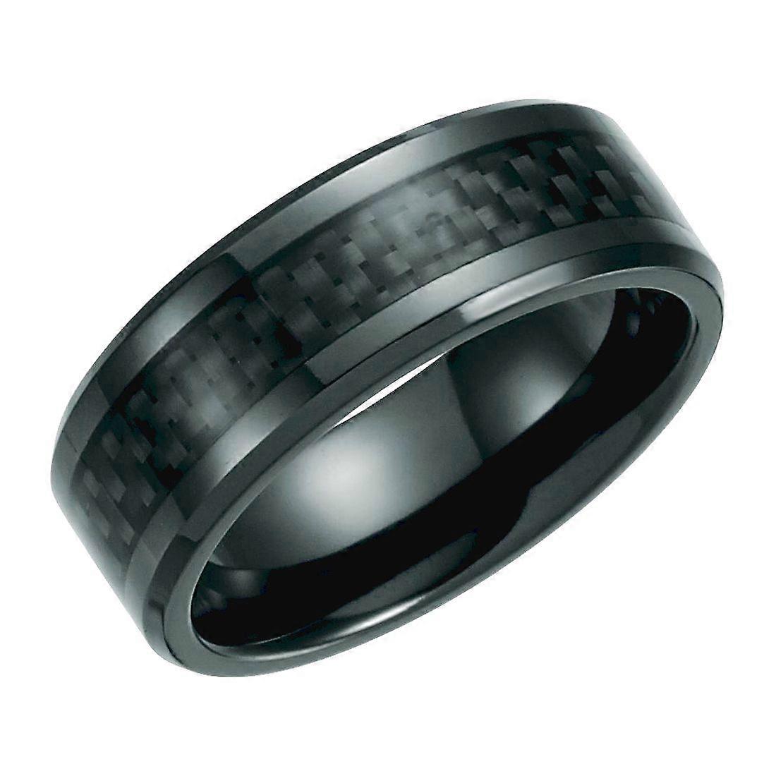 Titanium 8mm Polished Beveled Band Ring With Black Carbon Fiber Inlay-Band Style-Ring for Women and Men - Ring Size: 8 t