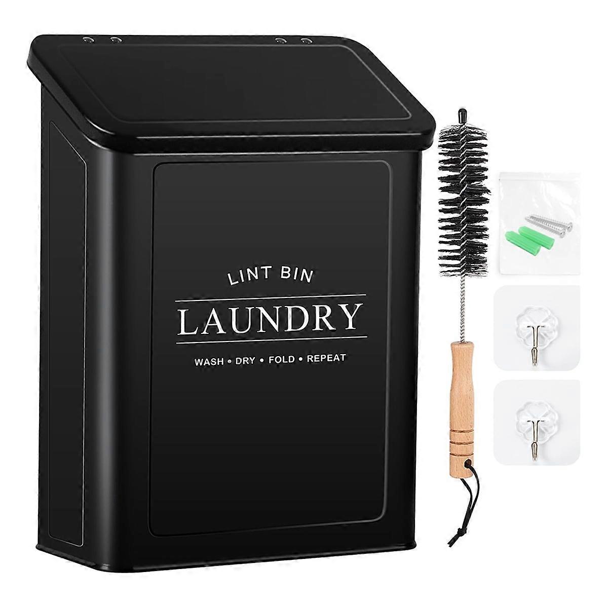 Magnetic Lint Bin for Laundry Room, Metal Lint Container with Lid and Brush, Wall Mounted Lint Box for Dryer Black