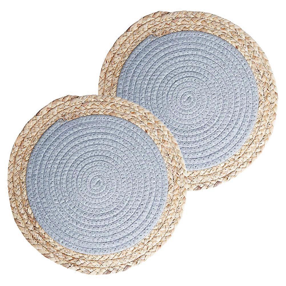 Round Placemat for Kitchen Table Woven Straw Material Light Grey Heat Insulated Tableware Holder 2Set