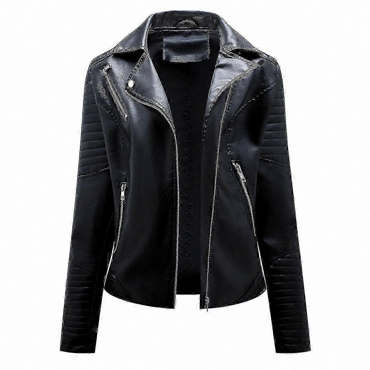 Ladies' Stylish Fitted Short Leather Jacket with Lapel Collar and Solid Hue Design