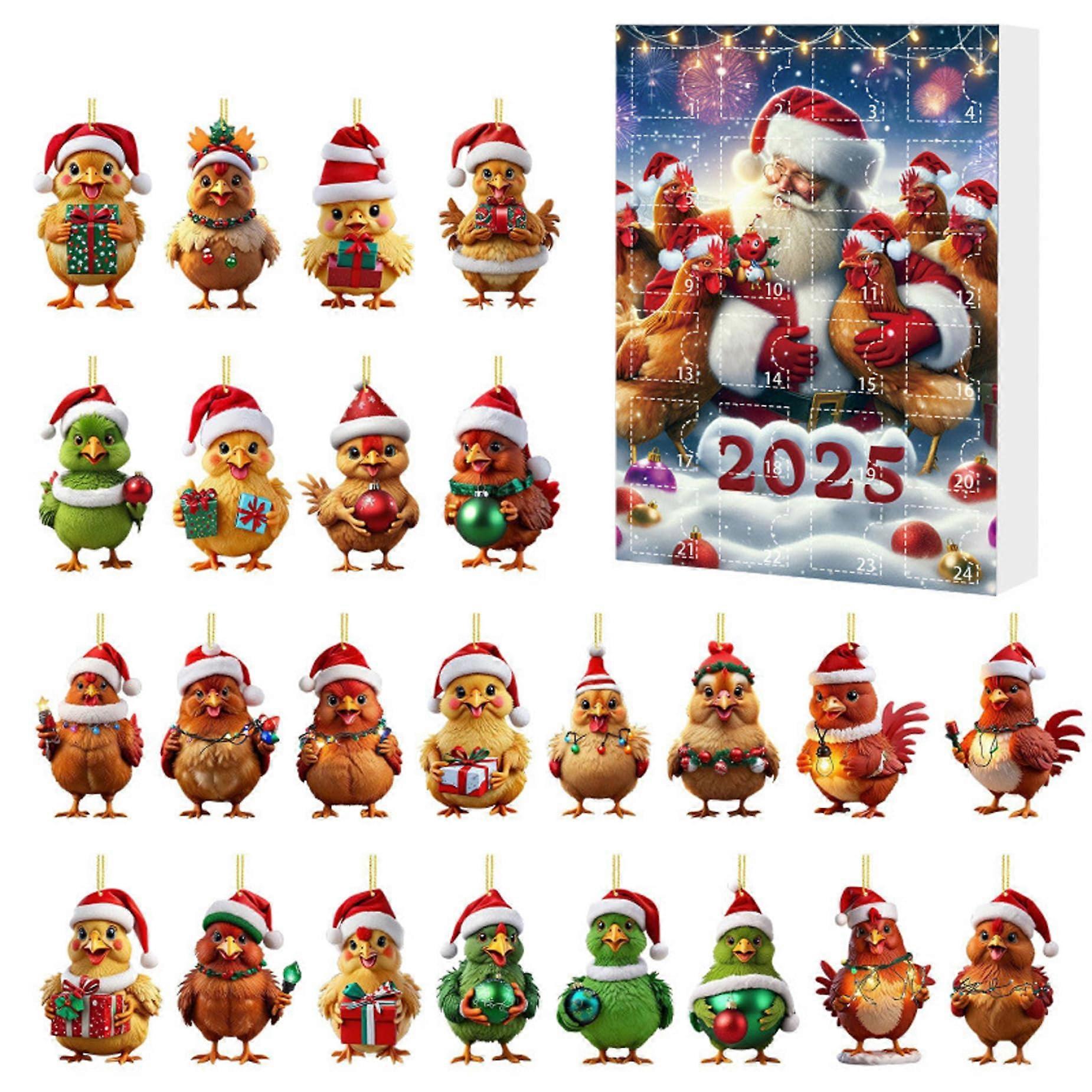 Christmas Advent Calendar 2025 24Day Countdown with 2D Acrylic Chicken Ornaments for Kids and Adults