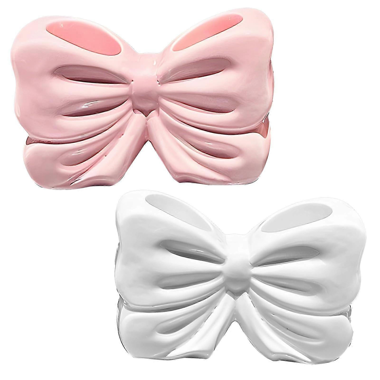 2 Pack Ceramic Toothbrush Holders with Bow Design, White Bathroom Stand for Toothpaste and Brushes