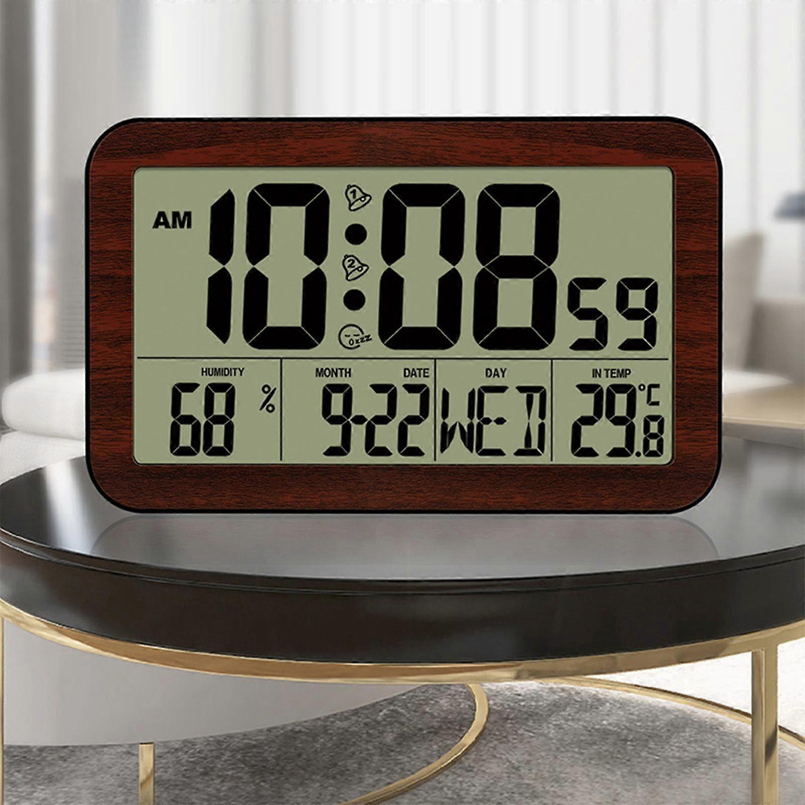 Electronic Digital Clock Battery Powered with Calendar Temperature Clock for Table, Dark Wooden Dark