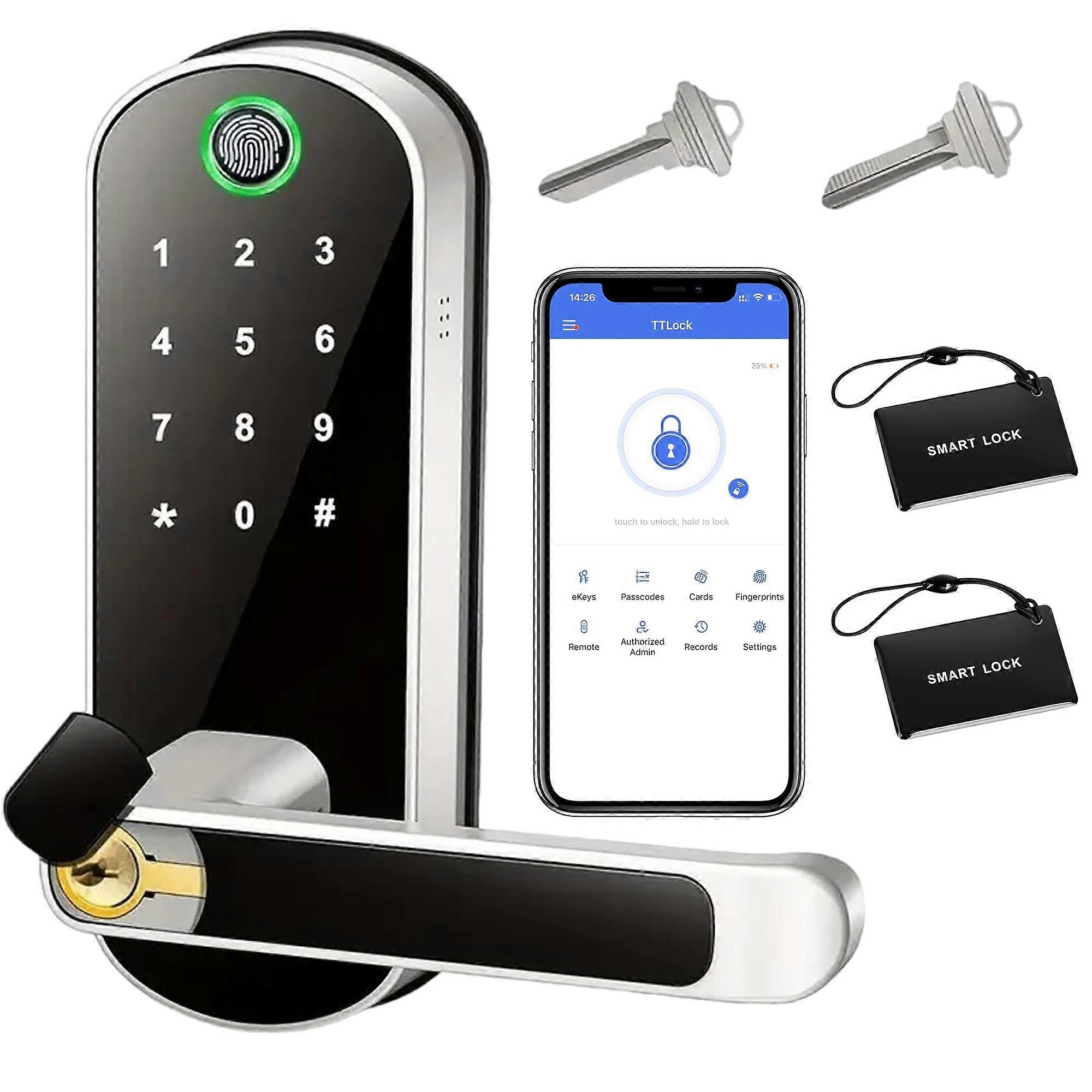 Smart Door Lock with Advanced 3D Fingerprint and 6in1 Keyless Entry, Biometric Door Handle Silver