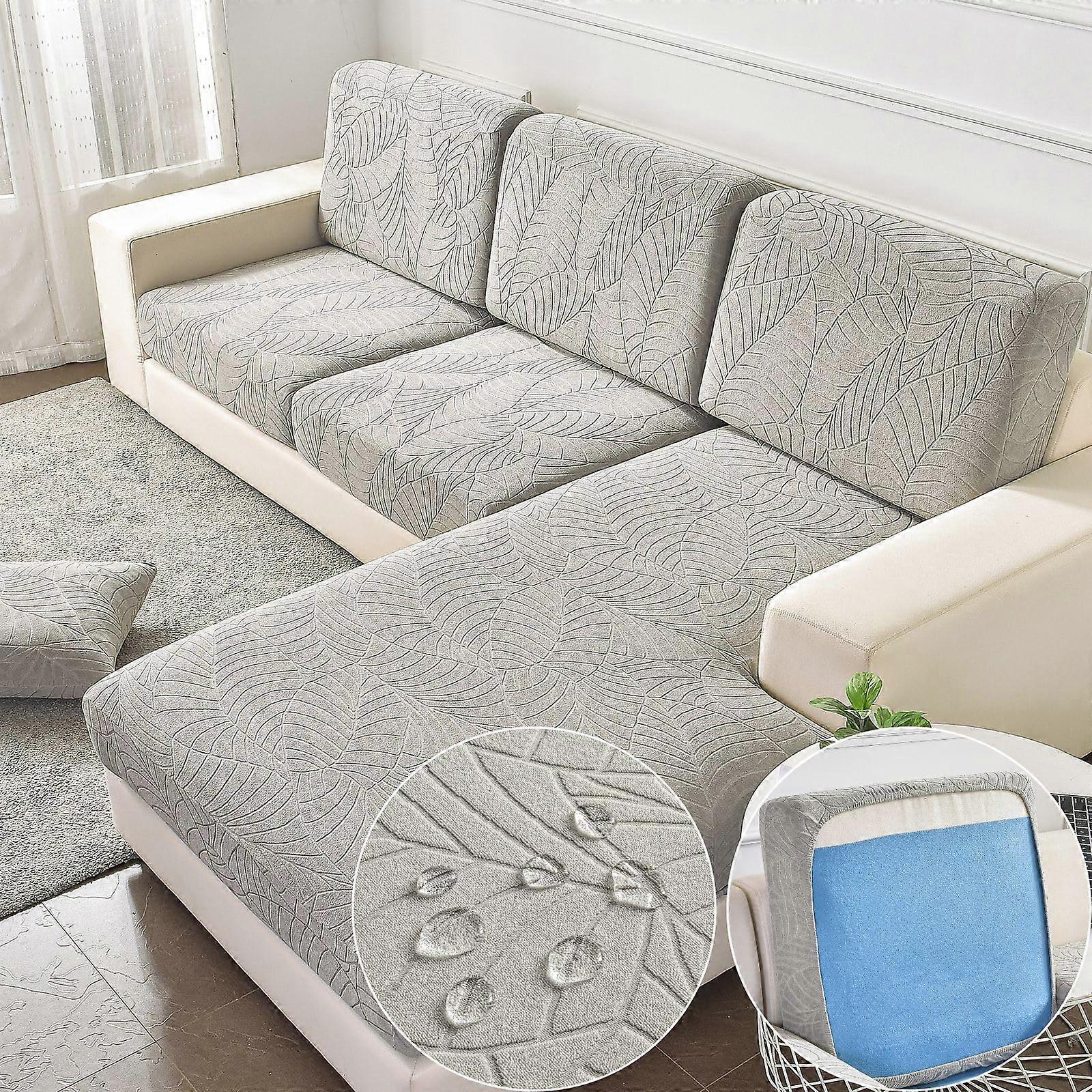 Water Repellent Sofa Cover Leaf Pattern Non Slip Stretch Cushion Protector Light Grey Back Cover