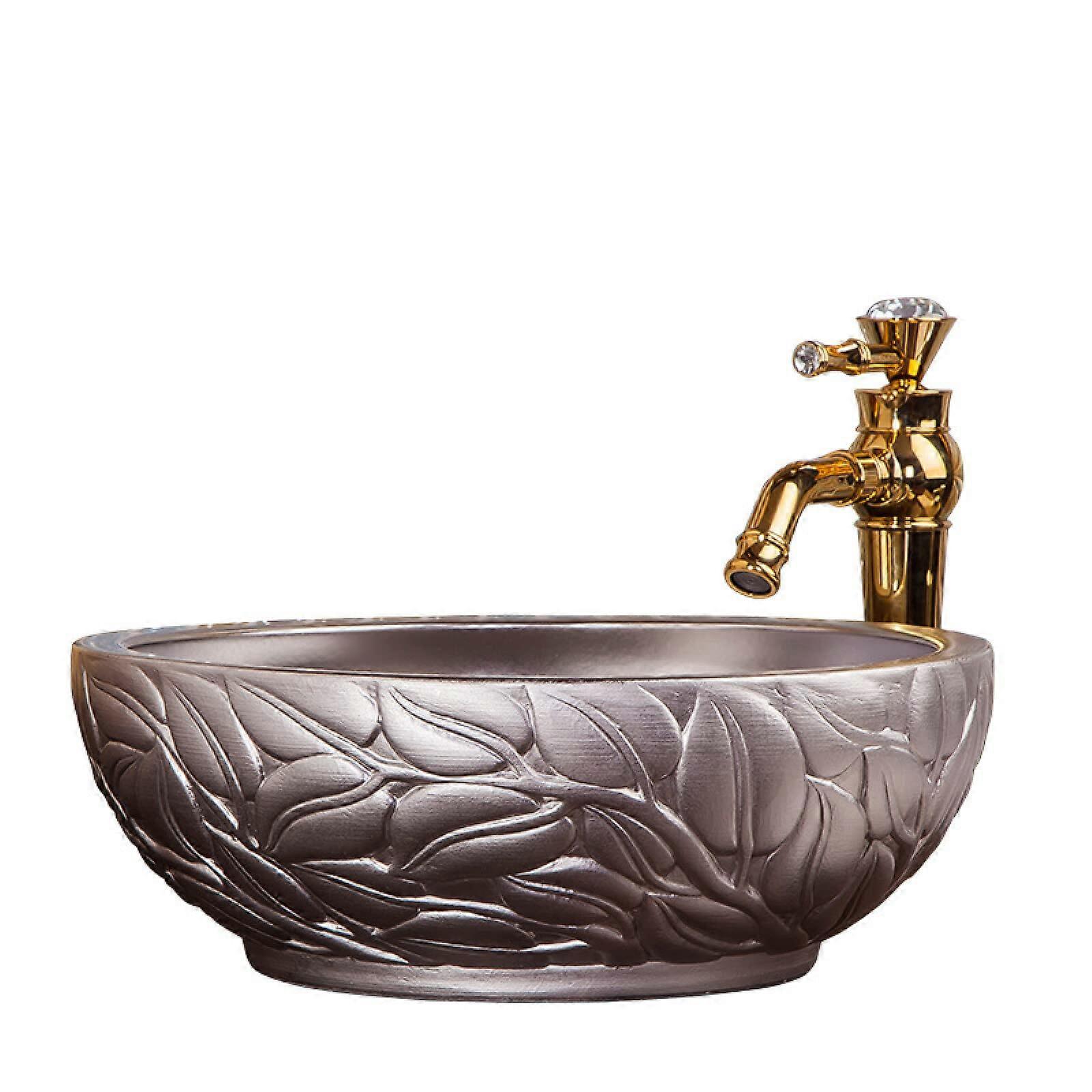 Golden Carved Ceramic Vessel Sink with Zero Water Absorption and Scratch Resistant Surface