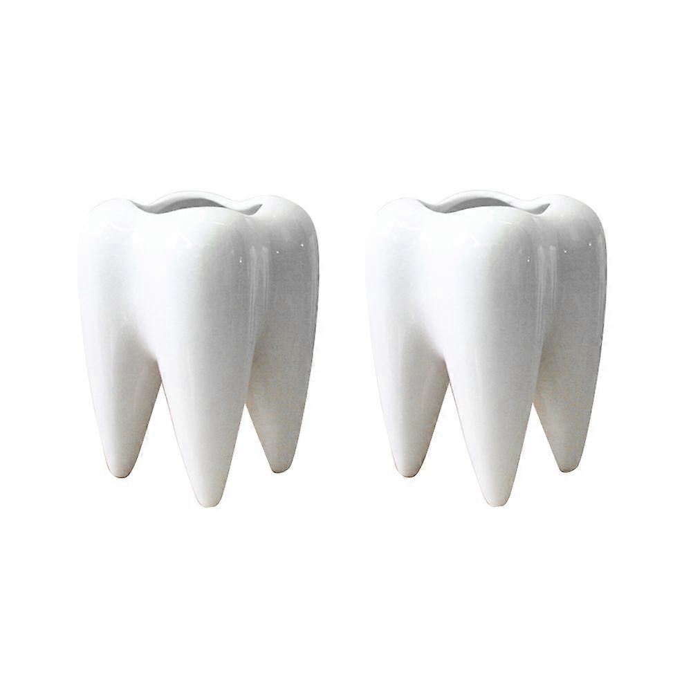 Succulent Plant Pot Ceramic Teeth Shape Holder for Desk Use 2Pcs White