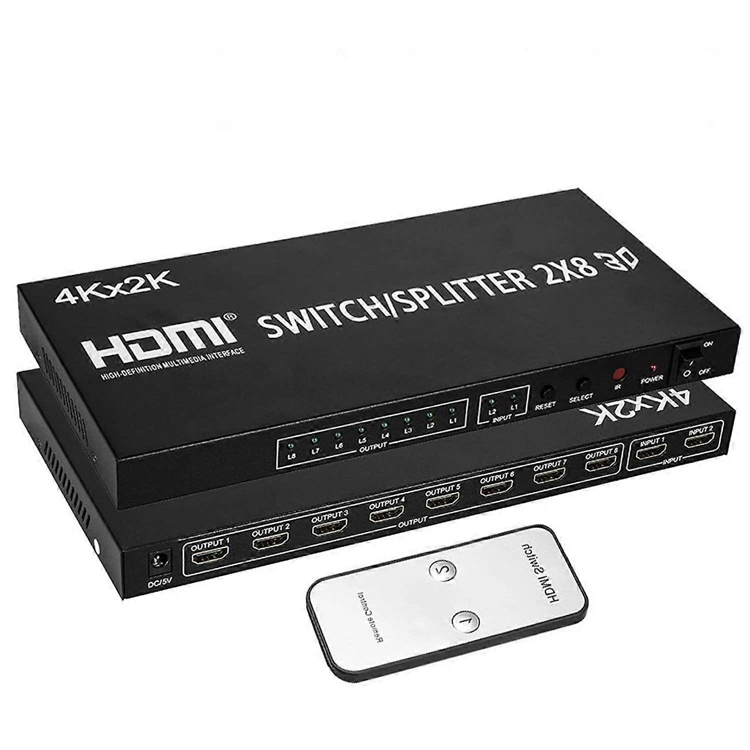 2x8 HDMI Splitter 4K Ultra HD Dual Input 8 Output Switcher for Multiple TVs PS3 Xbox PC