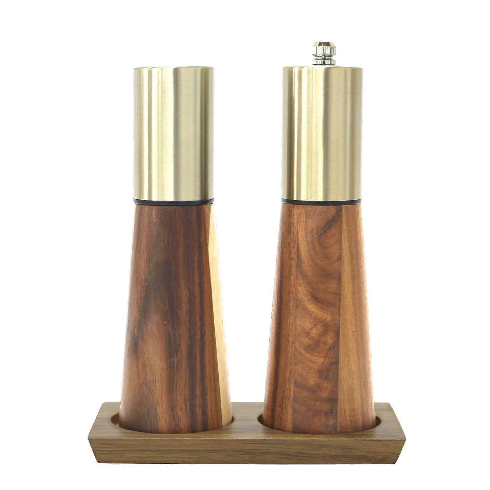 Wood Pepper Grinder Set with Adjustable Grinding Settings and Mess Base Tray for Kitchen