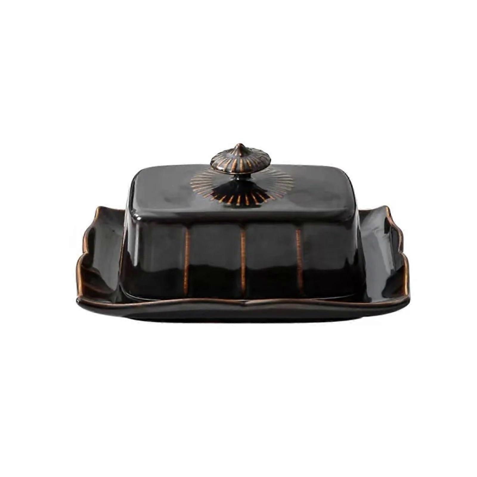 Ceramic Butter Dish with Lid Black Rectangular Butter Keeper Elegant FreshKeeping Kitchen Container
