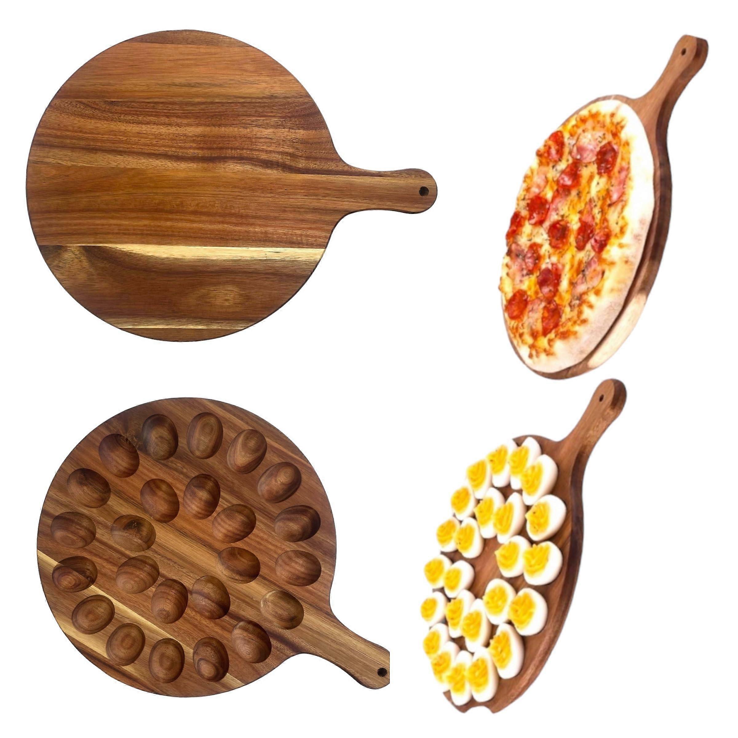 Deviled Egg Platter 24Hole Acacia Wood Serving Tray Reversible 2 in 1 Egg Server and Cutting Board