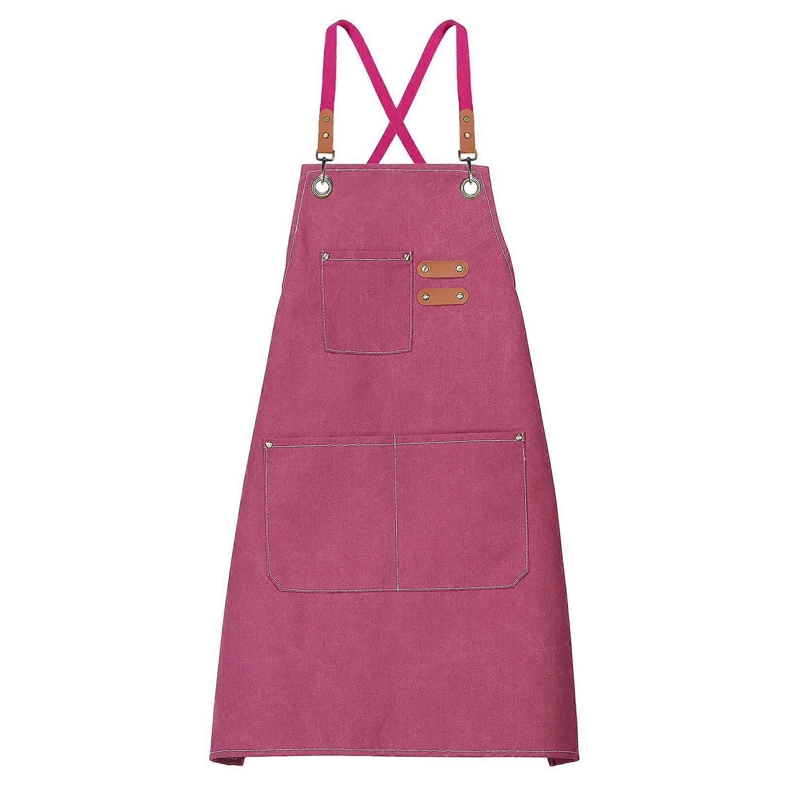 Waterproof Canvas Chef Apron with Adjustable Cross Back Strap and 3 Pockets for Kitchen Cooking Pink