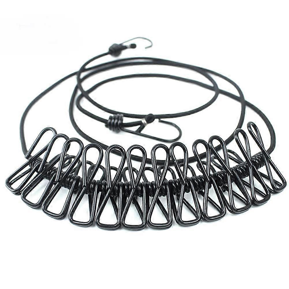 Travel Clothesline with Clips, Elastic Windproof Drying Rope, Retractable Dual Hooks, Black