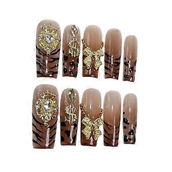 Handmade Long Square Press On Nails Set – Reusable Gold Glossy Acrylic Fake Nails with Instant Salon Finish (Size L, Gold Hustle)
