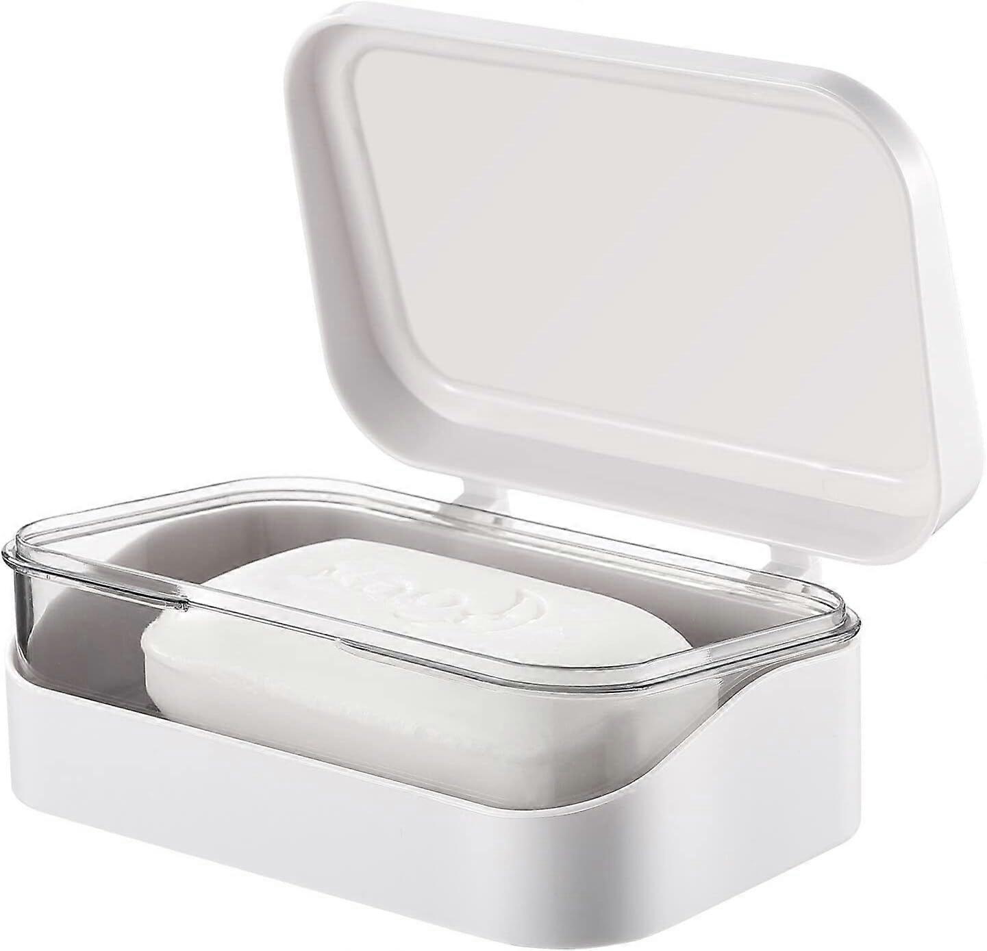 Soap Box with Removable Drainer and Lid, Plastic Soap Case Holder, 2 Layers Rectangular Soap Dish Container (White)