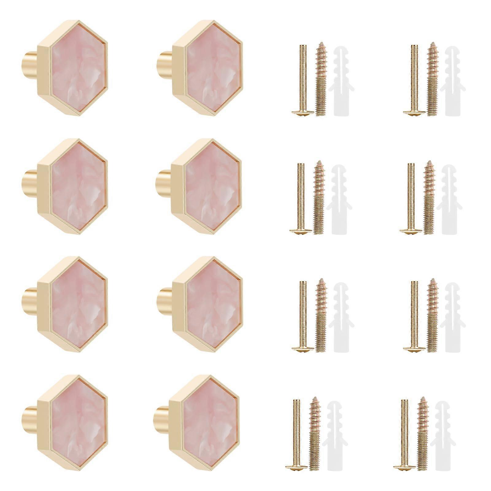 8 Pcs Brushed Brass Cabinet Knobs and Drawer Pulls, Elegant Hexagon Design Pink Hardware Set