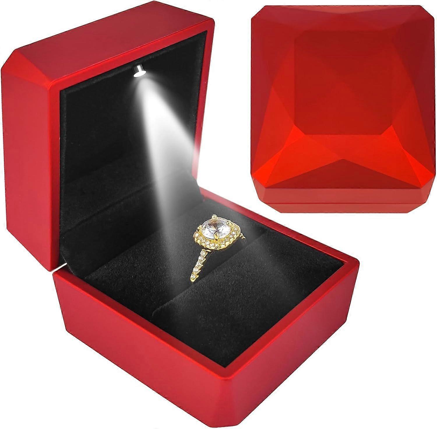 Square Ring Box with LED Light, Luxury Ring Box for Proposal,Engagement,Wedding-Red