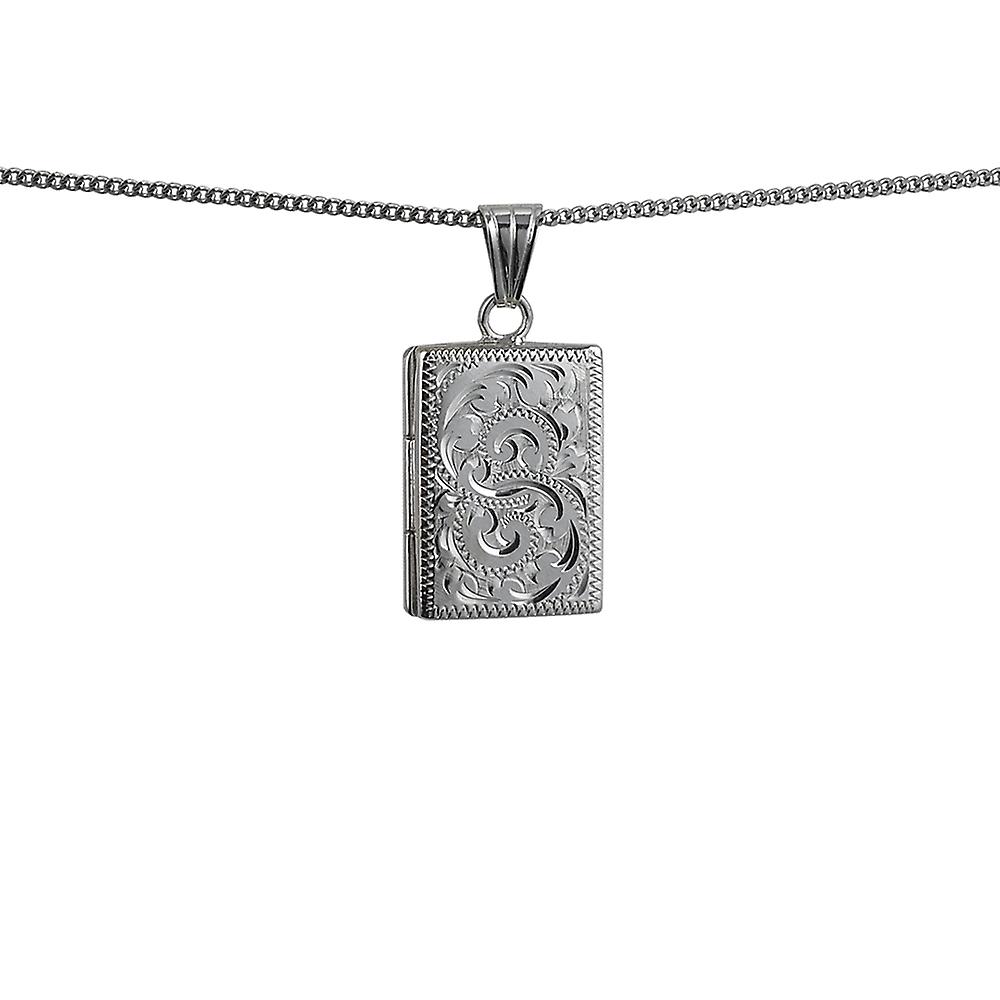 Silver 22x15mm hand engraved flat rectangular Locket with a curb Chain 24 inches