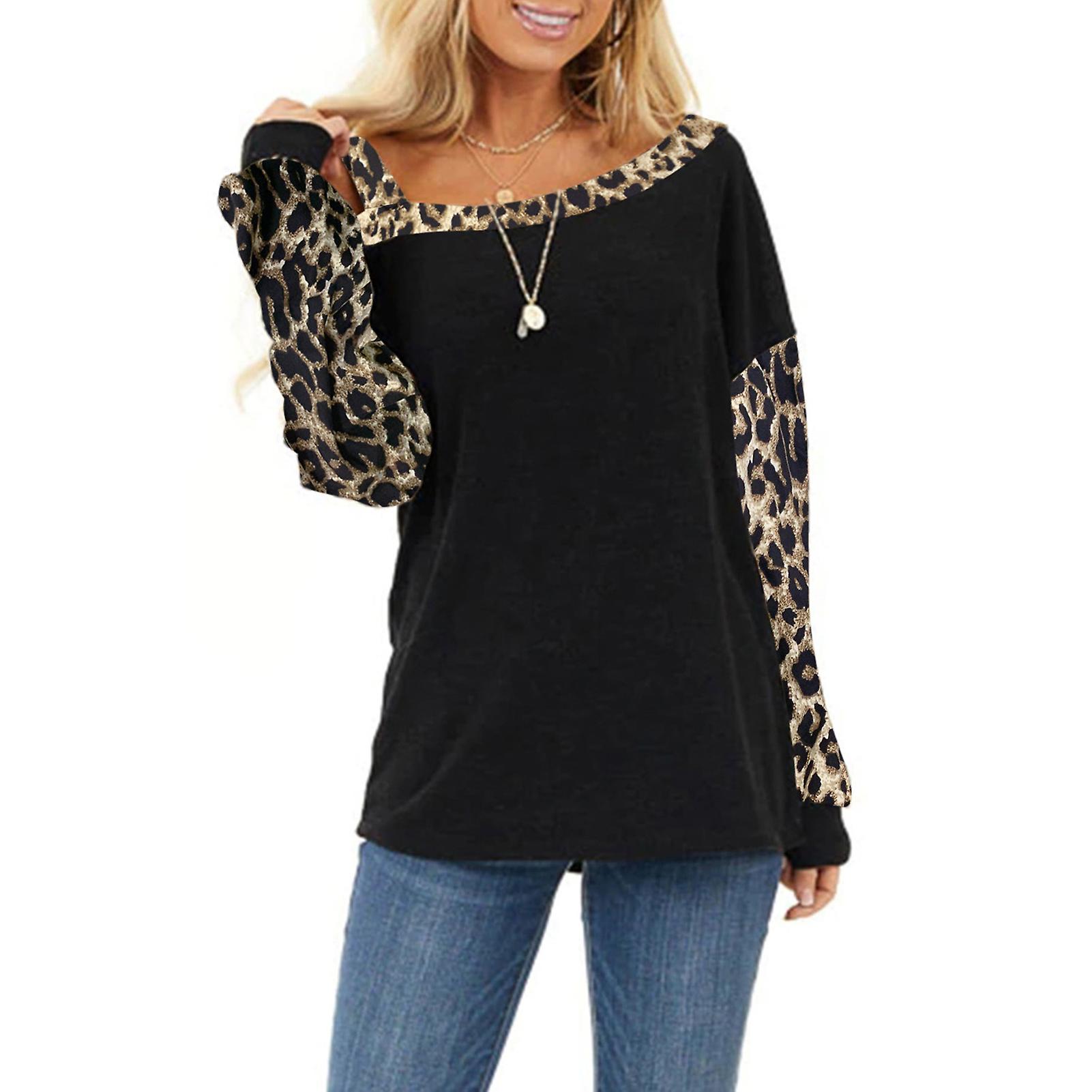 Damen Pullover für lässige Nähte Leopard Print Pullover Langarm Plus Size Pullover