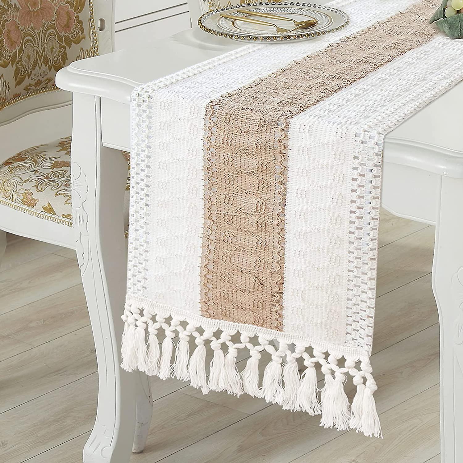 Table runner beige with tassels Bohemian table decoration