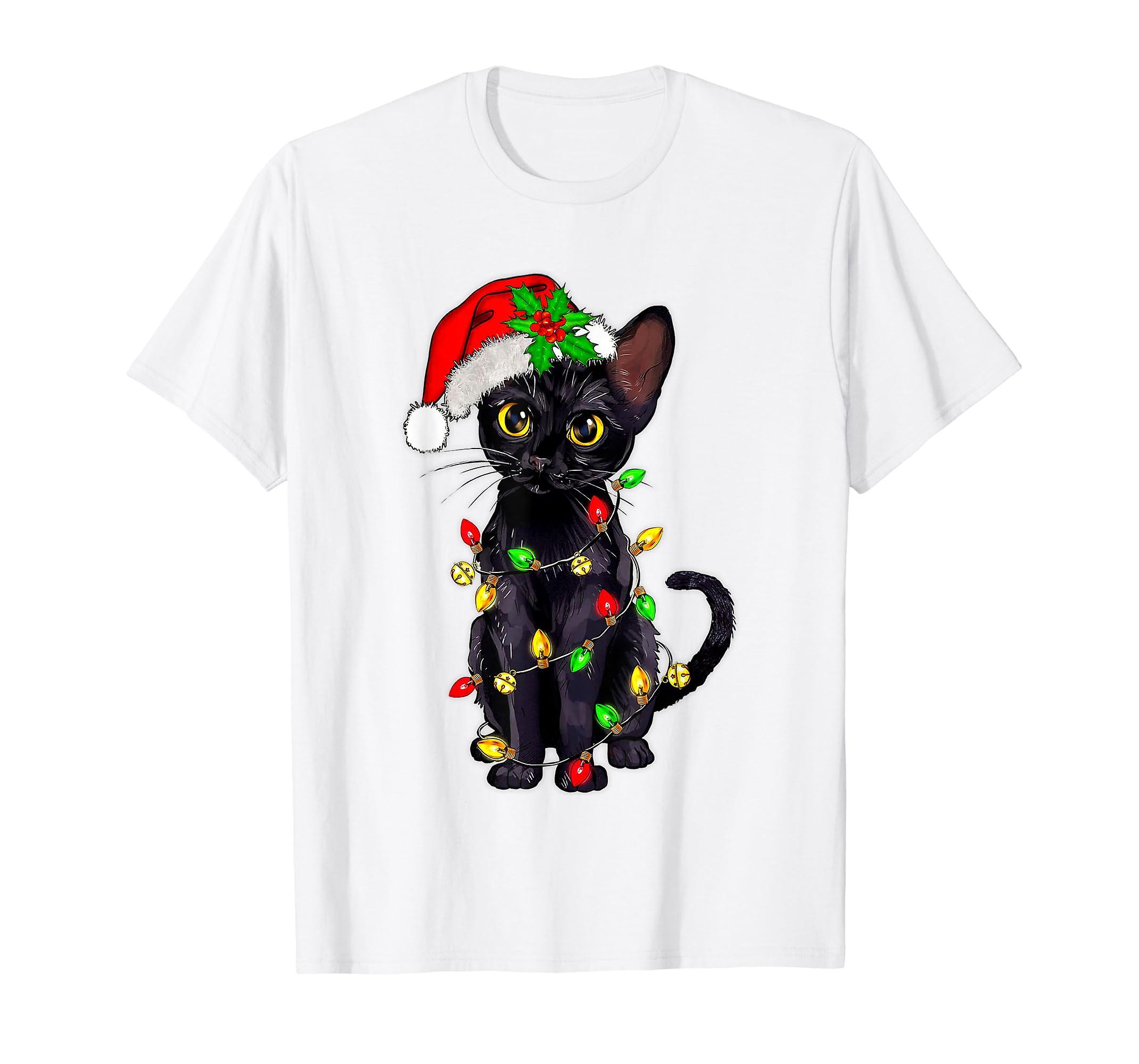 Renne Père Noël Chapeau Noir Chat Lumières De Noël Mignon Chat Amant T-Shirt Blanc Tee Cadeau-oodd1535