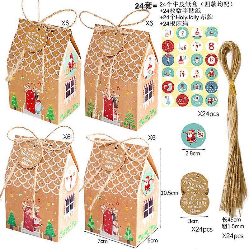 Icraft 24sets Adventi naptár mézeskalács ház díszdoboz karácsonyi csemege cukorka szívességi doboz ajándékcímkével matrica visszaszámlálás karácsony