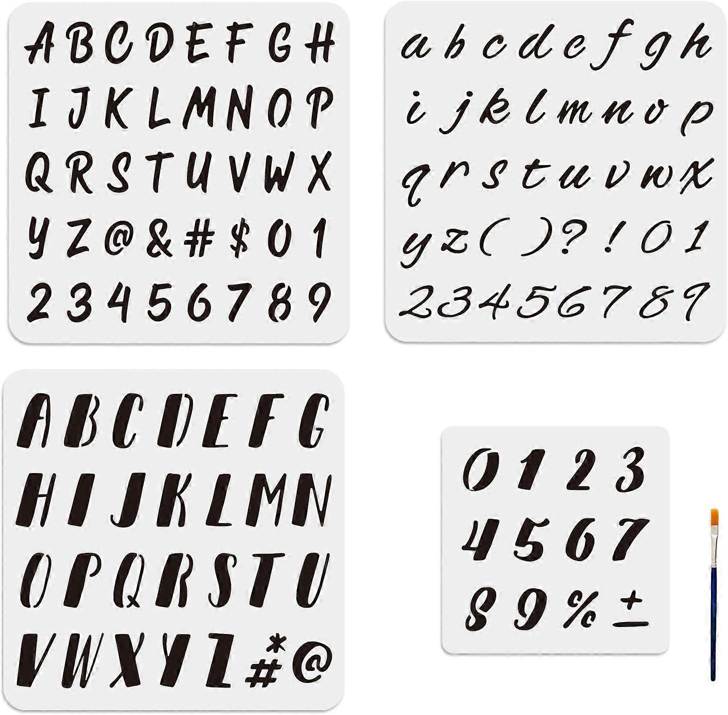 4pcs Artistic Letters Numbers Stencils Symbol Stencils 7.87.8/11.811.8inch Reusable Alphabet Templates Art Craft Stencils with Paint Brush for DIY Wri