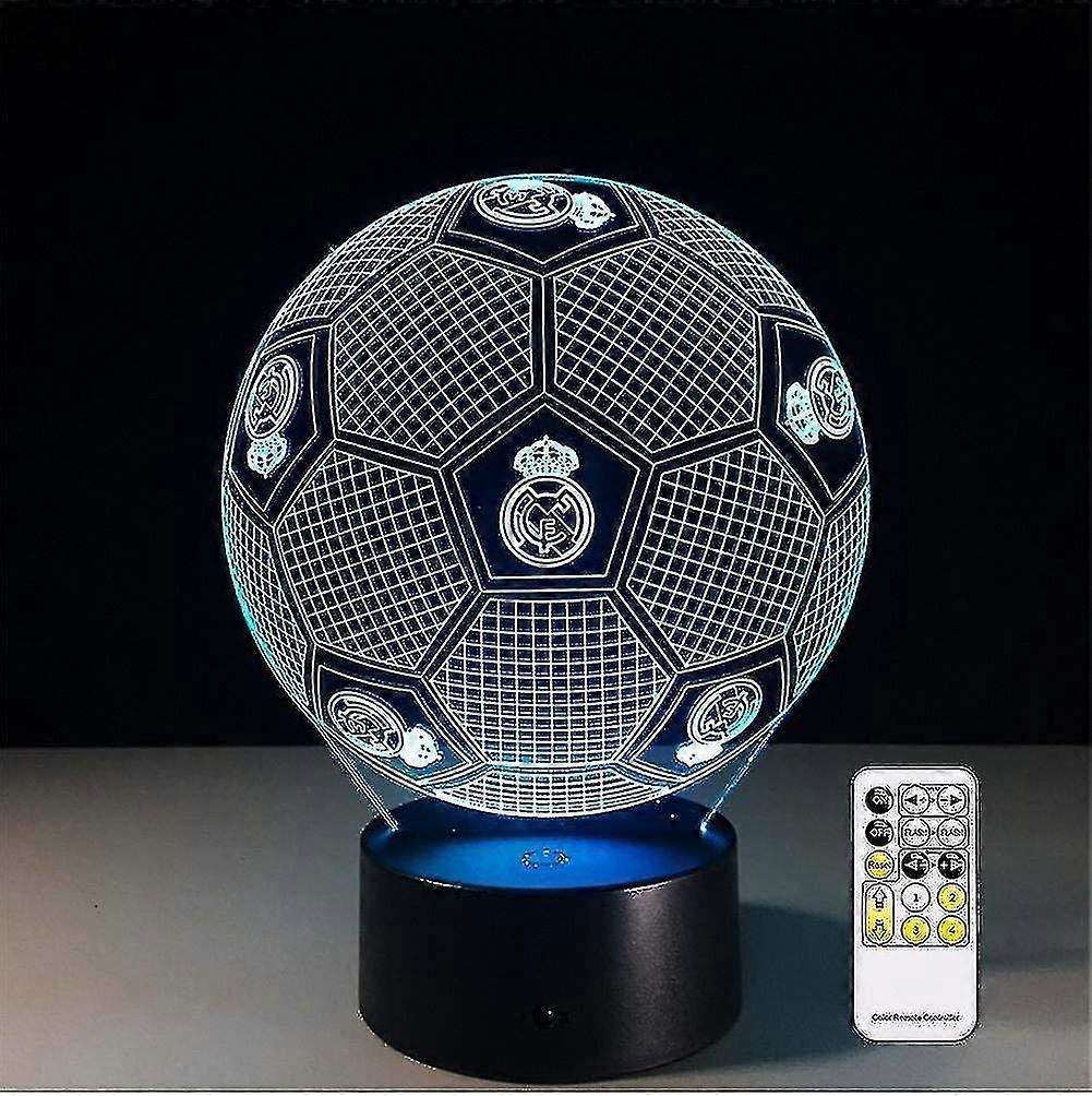 Złudzenie optyczne 3D Real Madrid Piłka nożna Lampa nocna Zabawka, pilot zdalnego sterowania, ściemnialność, bateria lub zasilanie USB, 7 kolorów Zmiana prezentu na Boże Narodzenie F