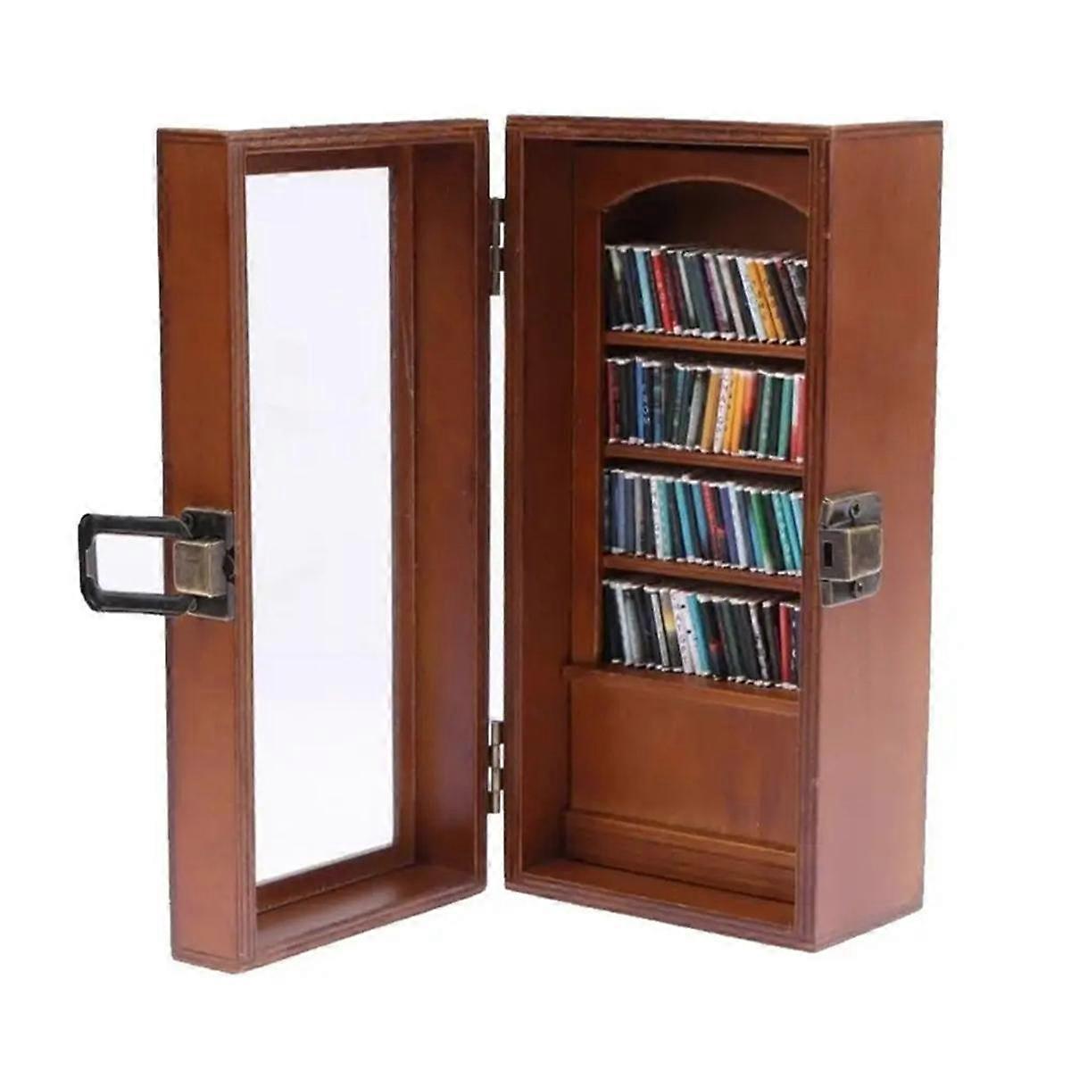 Handmade Miniature Wooden Bookshelf Figurine Statue Wooden Desktop Ornament Home Table with 80 Books
