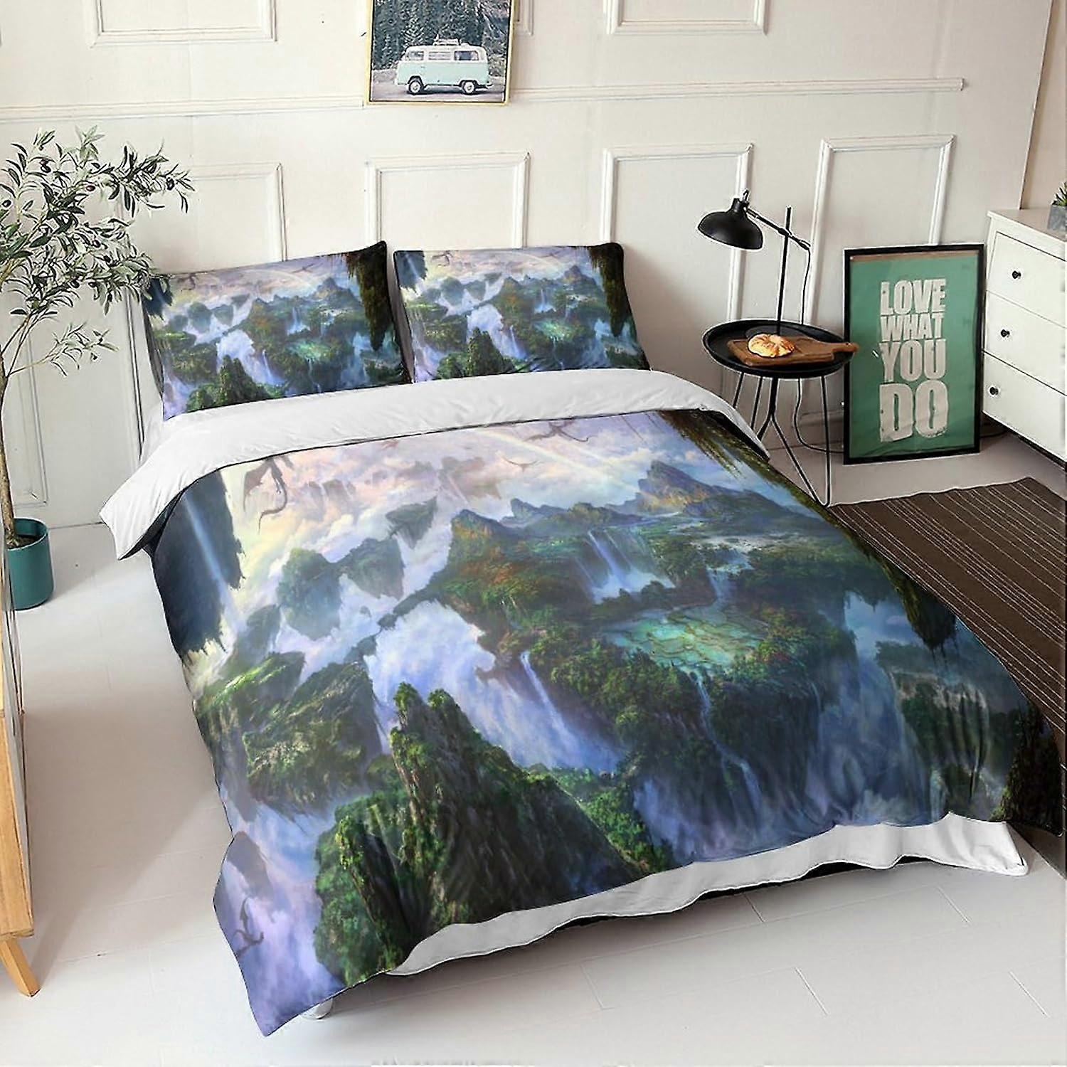 غطاء لحاف سحري للمناظر الطبيعية ، طقم مفروشات مطبوعة بالمناظر الطبيعية غطاء لحاف من الألياف الدقيقة وغطاء وسادة للغرف مع إغلاق بسحاب 135 * 200 سم