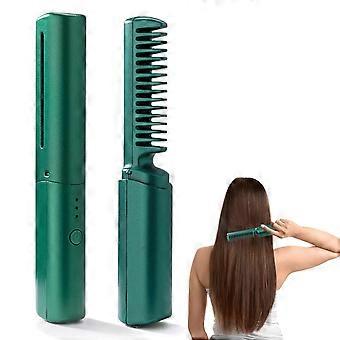 Mini Cordless Hair Straightener, 2 in 1 Rechargeable Hair Straightener Brush and Curler, Portable Travel Straightener Styling Comb (Green)