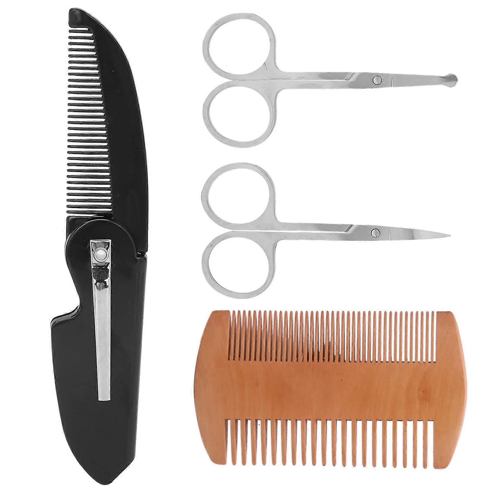 4in1 Men's Beard Shaping Styling Kits Beard Comb Mustache Scissors Fordable Trimming Comb