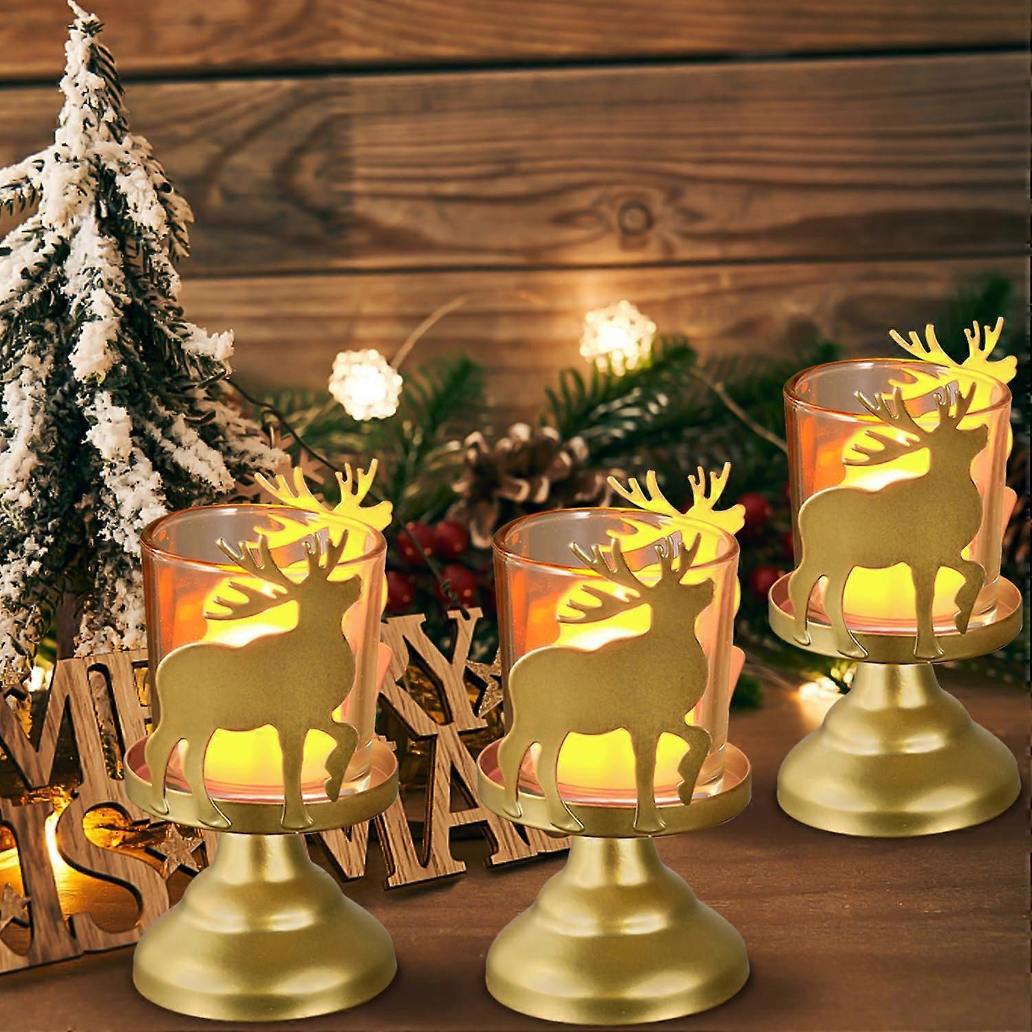 Christmas Candle Holder, Elegant Gold Reindeer Design, Set of 3 Mental Pillar Candle Holders Centerp