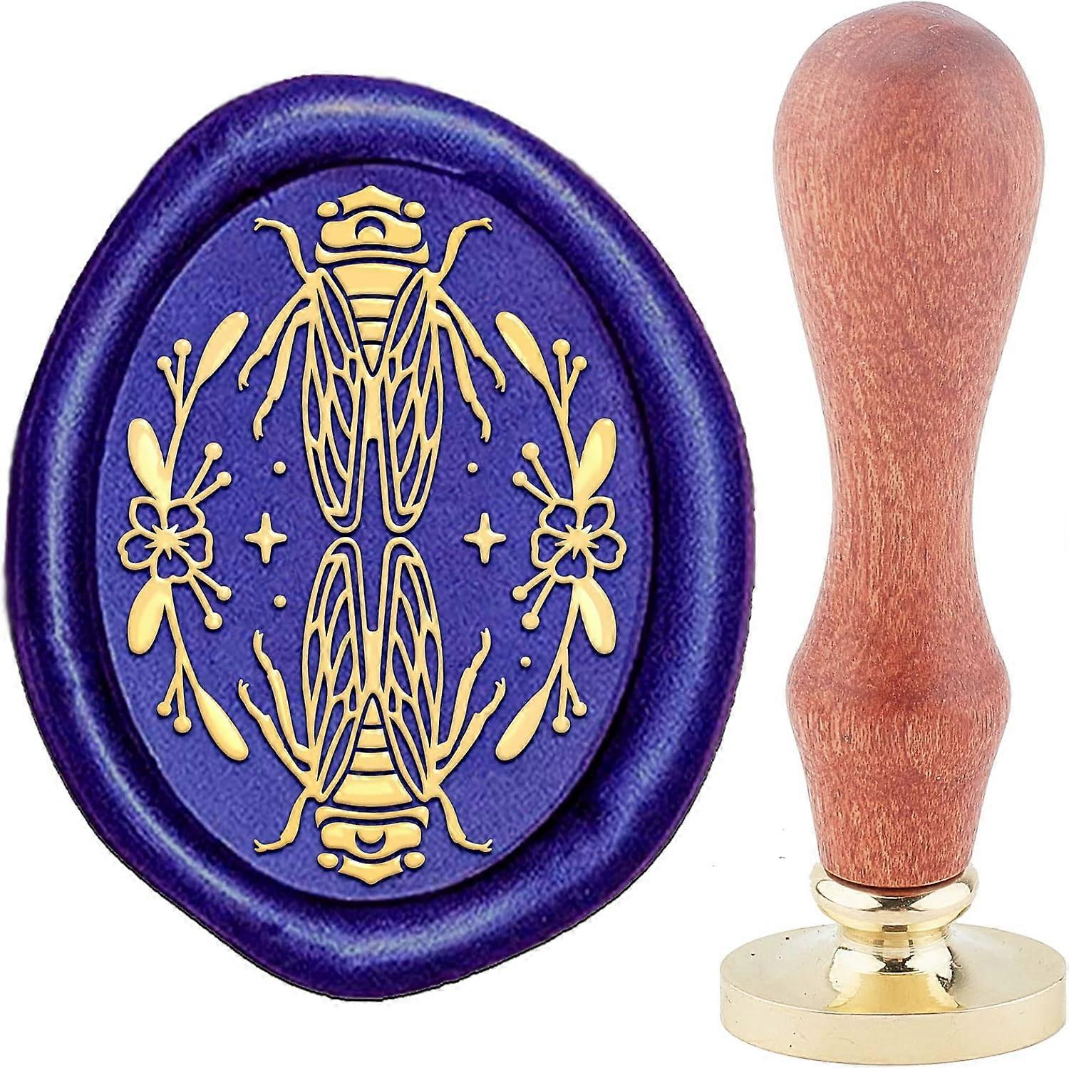 Cicada Wax Seal Stamps Ellipse Removable Brass Sealing Stamp Heads Replacement 30mm with Vintage Wooden Handle for Envelopes Letter Invitations Card D