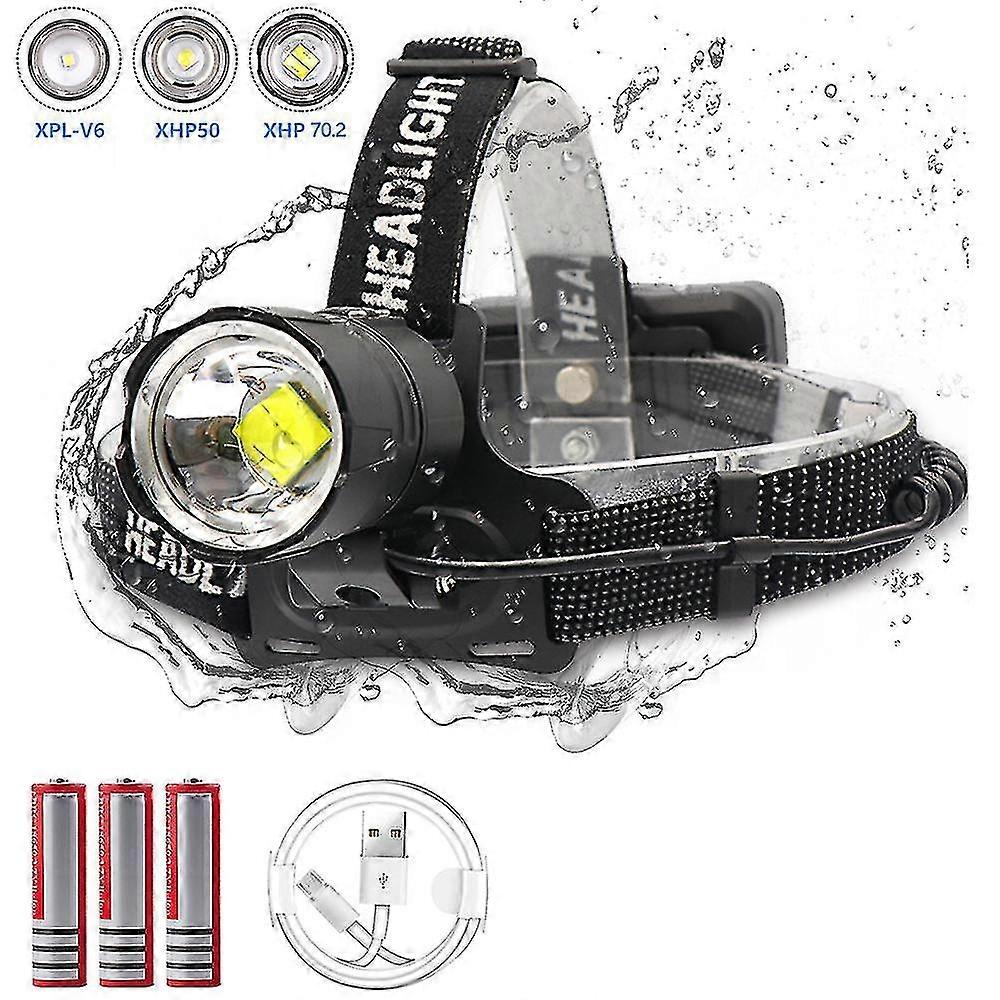 Xhp-70.2 Led Headlamp, Zoom Function, Strong Light, Usb, 18650 Battery, Great For Fishing Or Camping, 7000 Lumens-lian